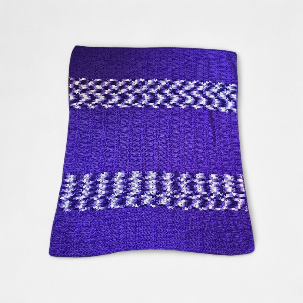 Vintage Knitted Crocheted Blanket Purple/White Striped  52" X 56"